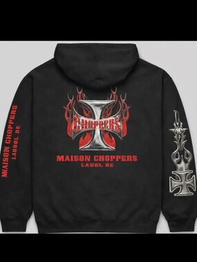 Gildan Black Hoodie with Red & Silver Flame Cross Graphics vintage choppers xxl